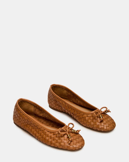 DIVY Cognac Leather Woven Bow Ballet Round-Toe Women's Flat | Steve Madden Quality