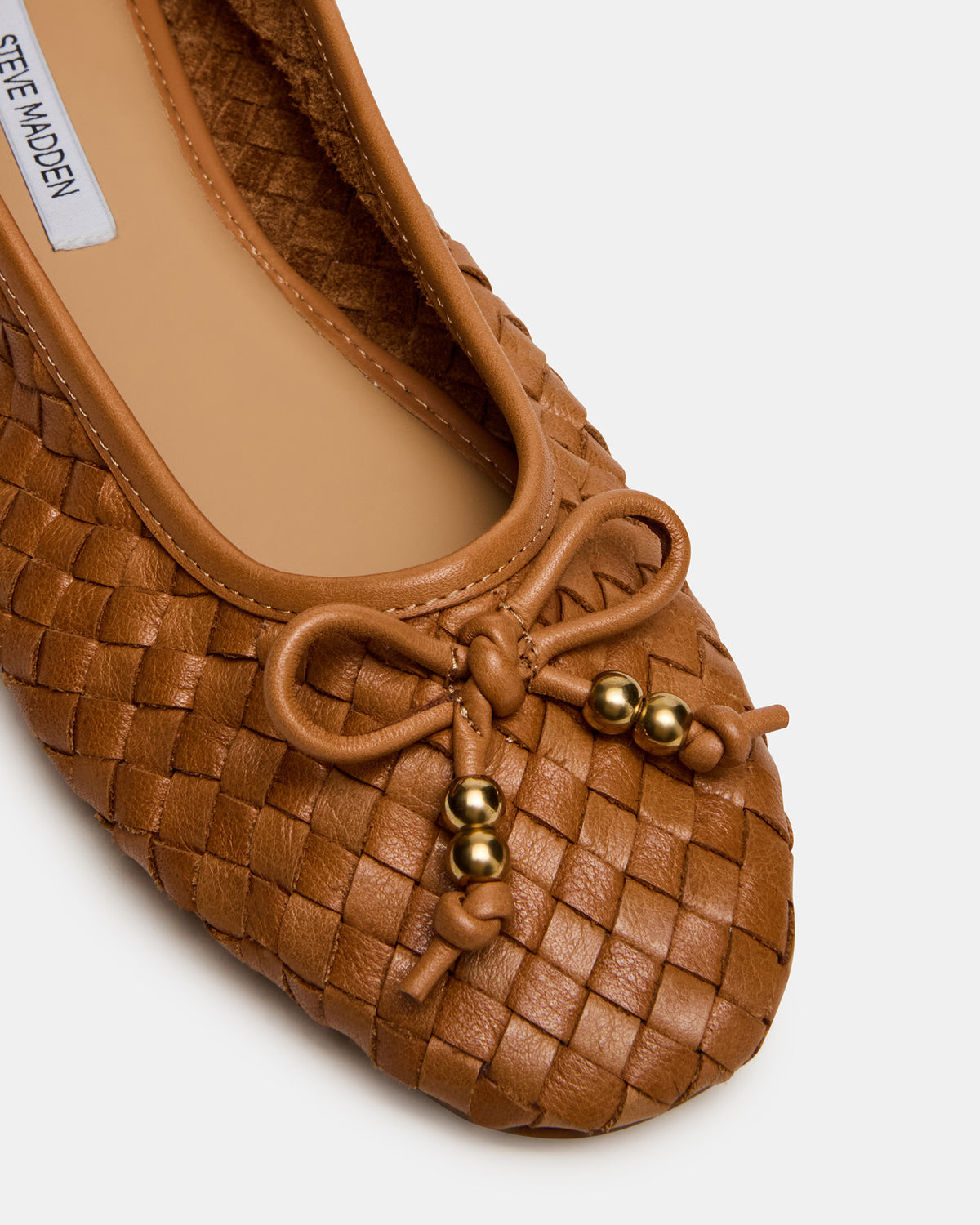 DIVY Cognac Leather Woven Bow Ballet Round-Toe Women's Flat | Steve Madden Quality