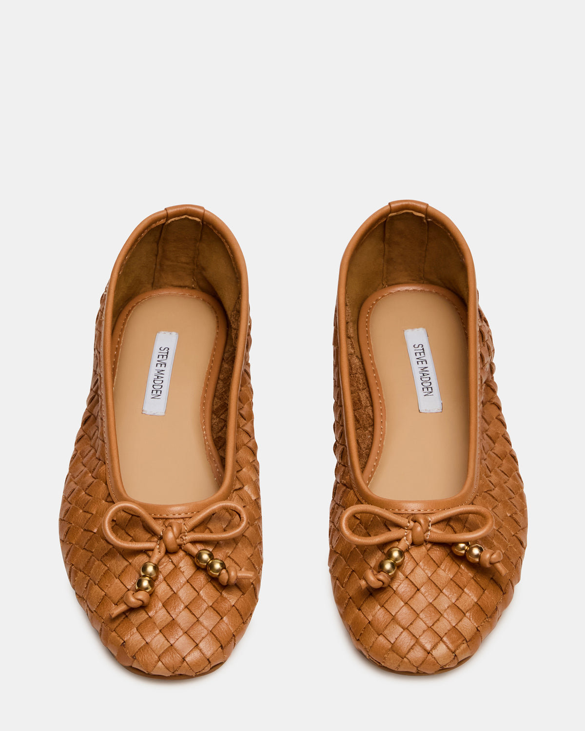 DIVY Cognac Leather Woven Bow Ballet Round-Toe Women's Flat | Steve Madden Quality
