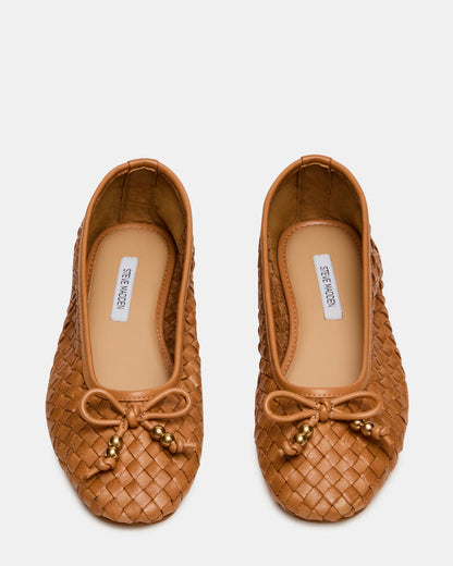 DIVY Cognac Leather Woven Bow Ballet Round-Toe Women's Flat | Steve Madden Quality