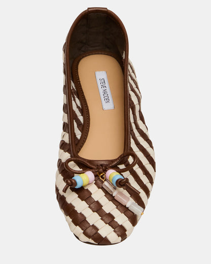 DIVY White/Brown Leather Woven Bow Ballet Round-Toe Women's Flat | Steve Madden Essential