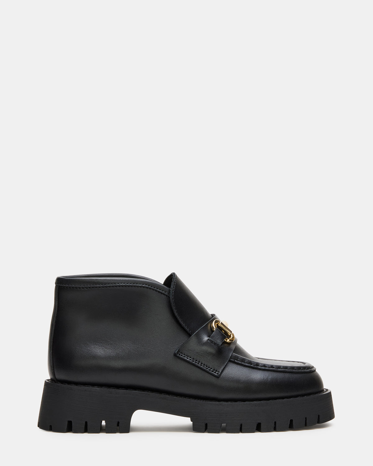 LEON Black Leather Platform Lug Sole Women's Loafer | Steve Madden Essential