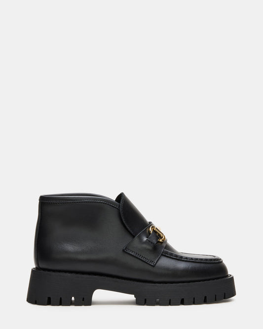 LEON Black Leather Platform Lug Sole Women's Loafer | Steve Madden Essential