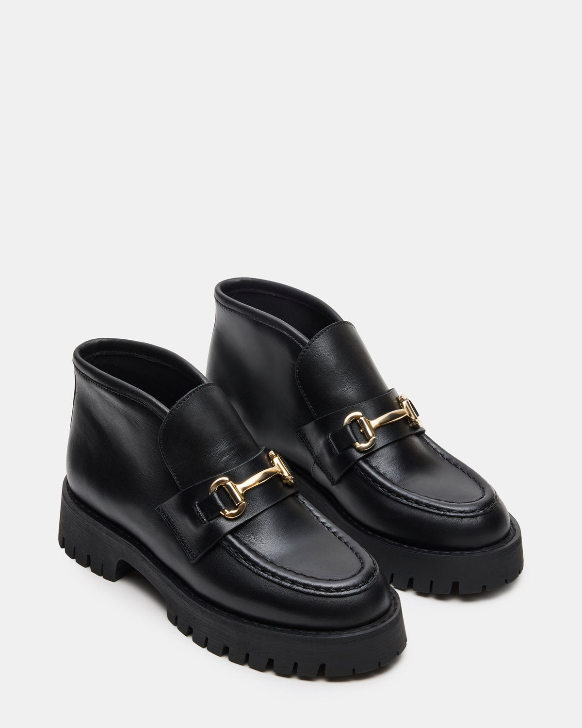 LEON Black Leather Platform Lug Sole Women's Loafer | Steve Madden Essential