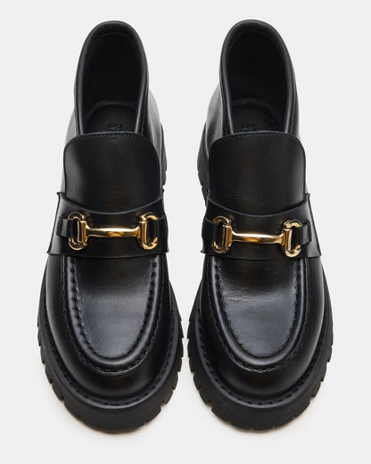 LEON Black Leather Platform Lug Sole Women's Loafer | Steve Madden Essential