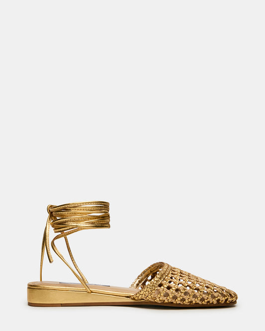 FLUTTER Gold Woven Mule Leg-Ties Strappy Women's Flat | Steve Madden Sale