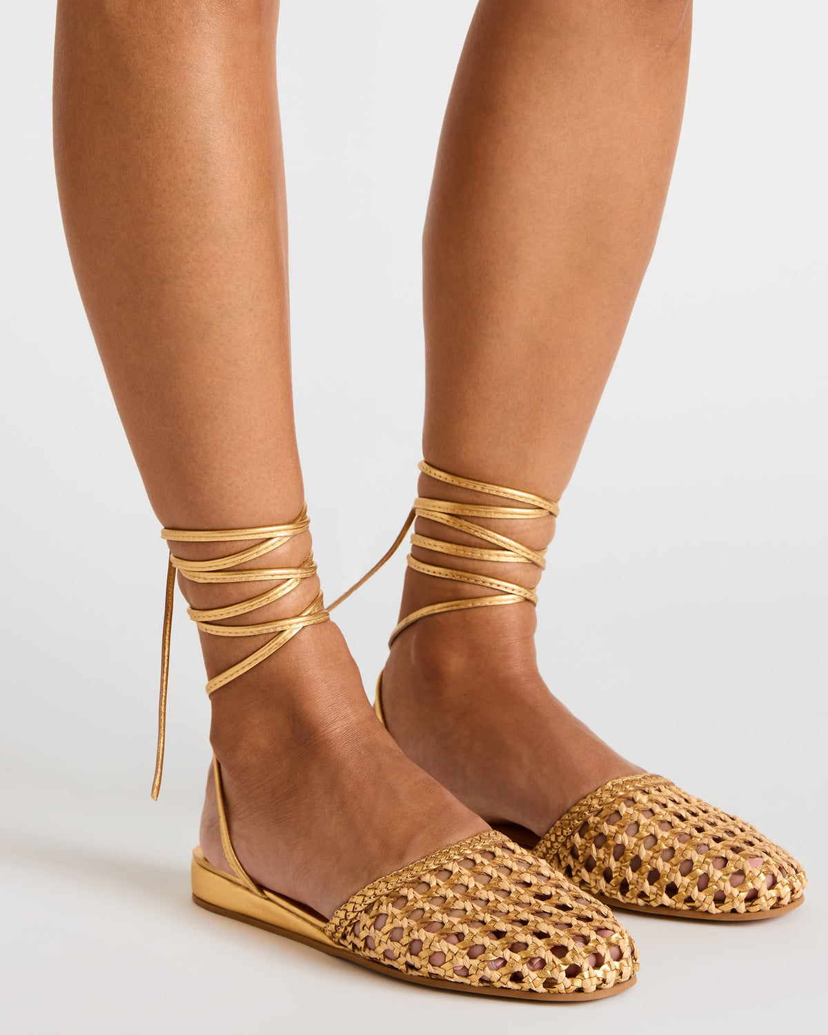 FLUTTER Gold Woven Mule Leg-Ties Strappy Women's Flat | Steve Madden Sale