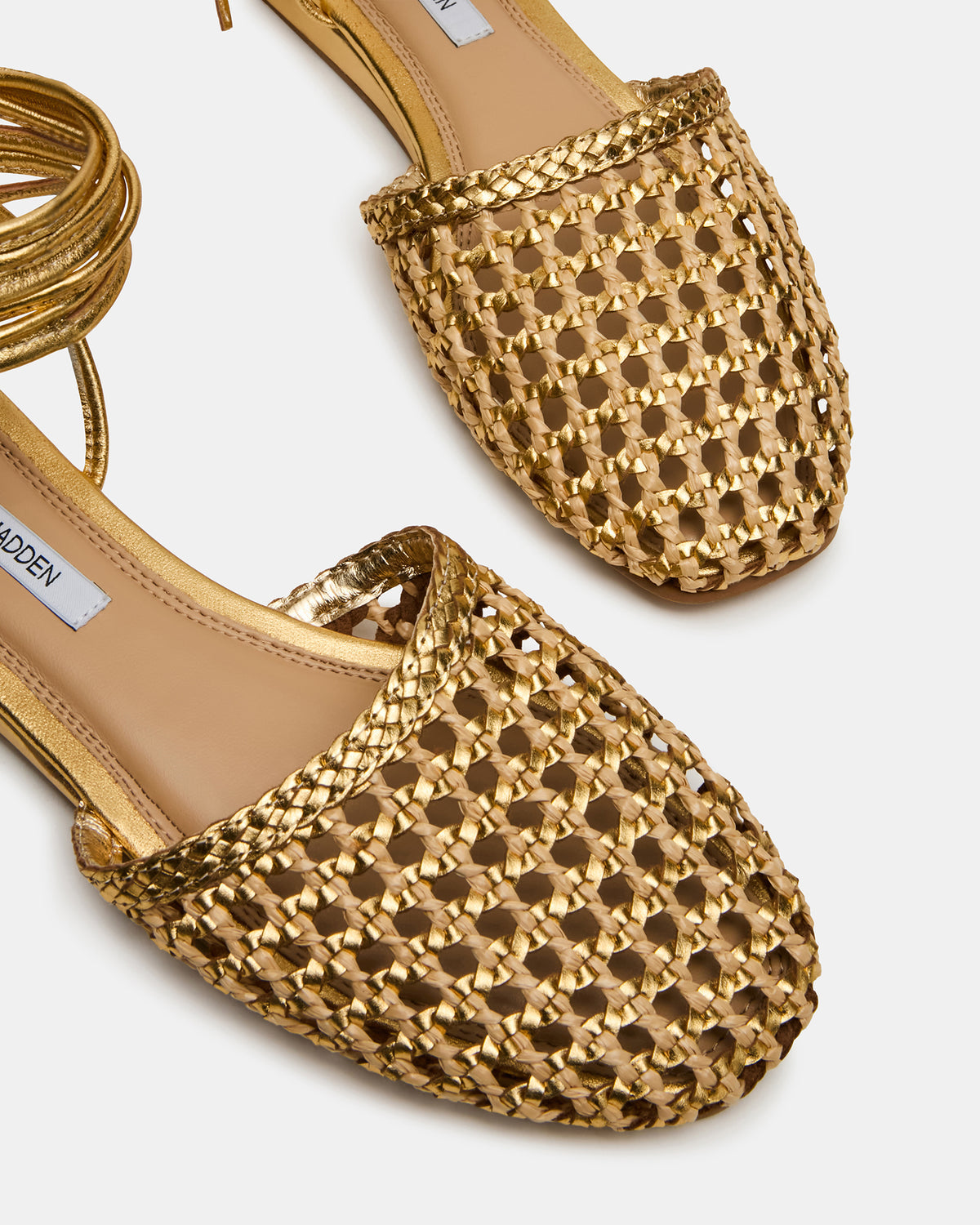 FLUTTER Gold Woven Mule Leg-Ties Strappy Women's Flat | Steve Madden Sale