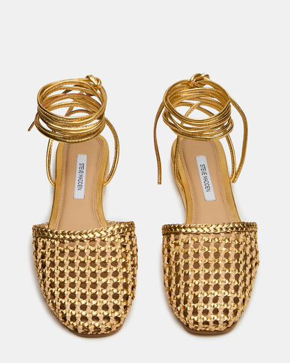 FLUTTER Gold Woven Mule Leg-Ties Strappy Women's Flat | Steve Madden Sale