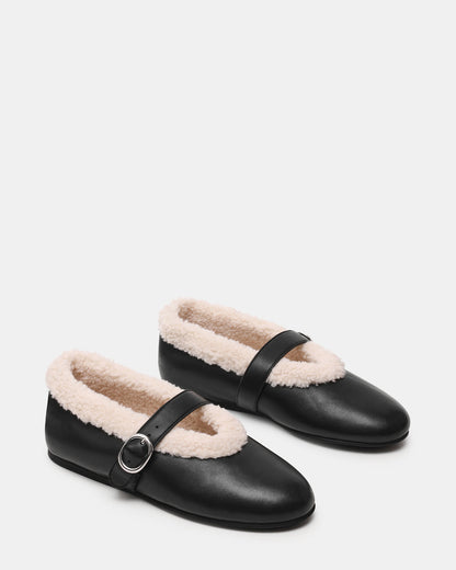 LODGE Black Leather Mary Jane Round-Toe Women's Flat | Steve Madden Value
