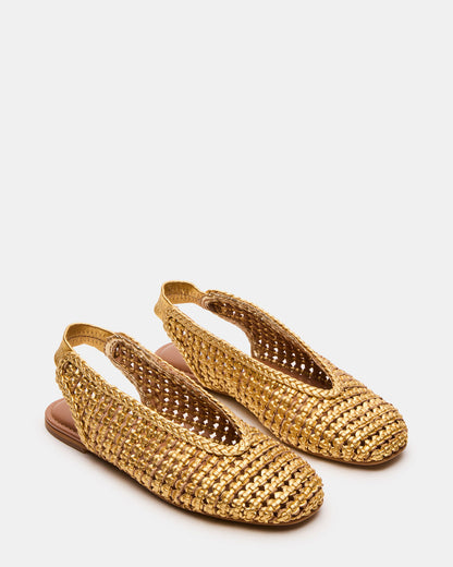 RUMI Gold Leather Woven Slingback Round-Toe Women's Flat | Steve Madden New