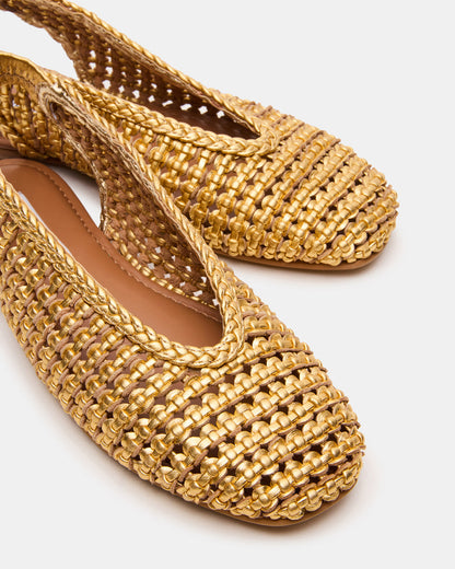 RUMI Gold Leather Woven Slingback Round-Toe Women's Flat | Steve Madden New
