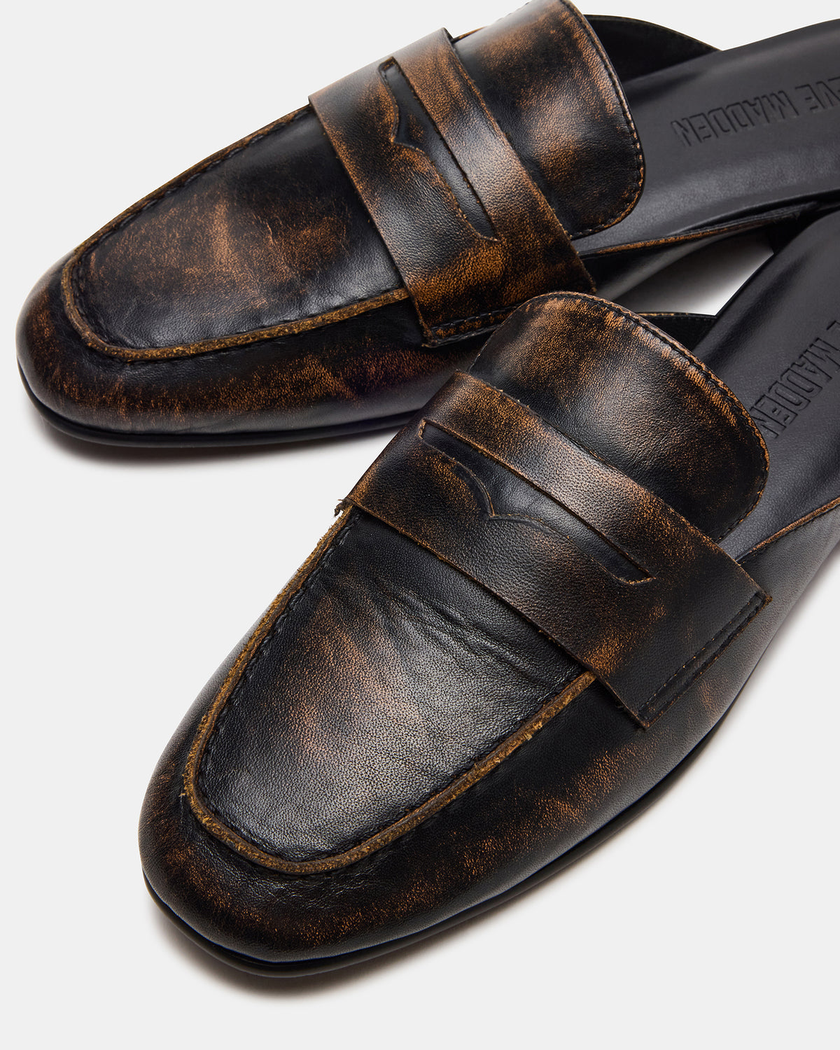 CALEB Brown Distressed Women's Slip-On Mule Flat | Steve Madden Sale