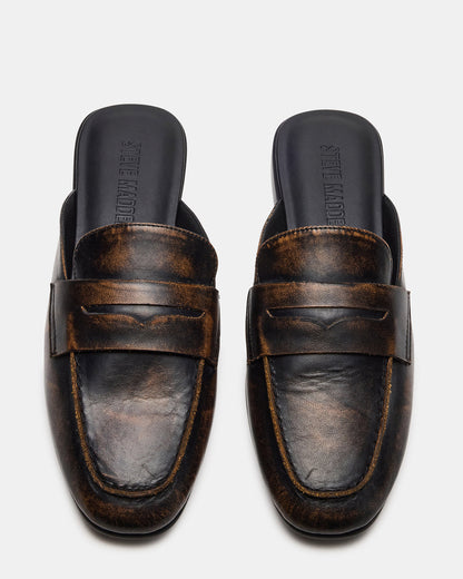 CALEB Brown Distressed Women's Slip-On Mule Flat | Steve Madden Sale
