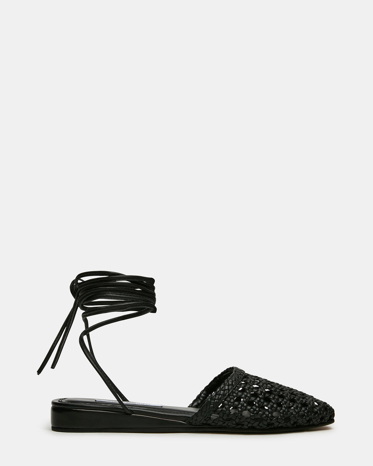 FLUTTER Black Leather Woven Mule Leg-Ties Strappy Women's Flat | Steve Madden Premium