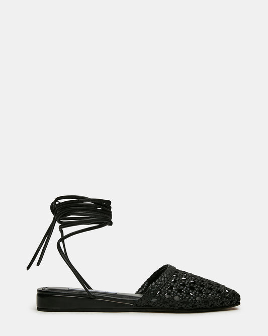 FLUTTER Black Leather Woven Mule Leg-Ties Strappy Women's Flat | Steve Madden Premium