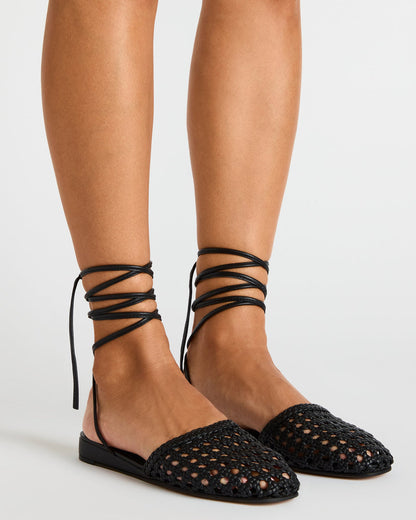 FLUTTER Black Leather Woven Mule Leg-Ties Strappy Women's Flat | Steve Madden Premium