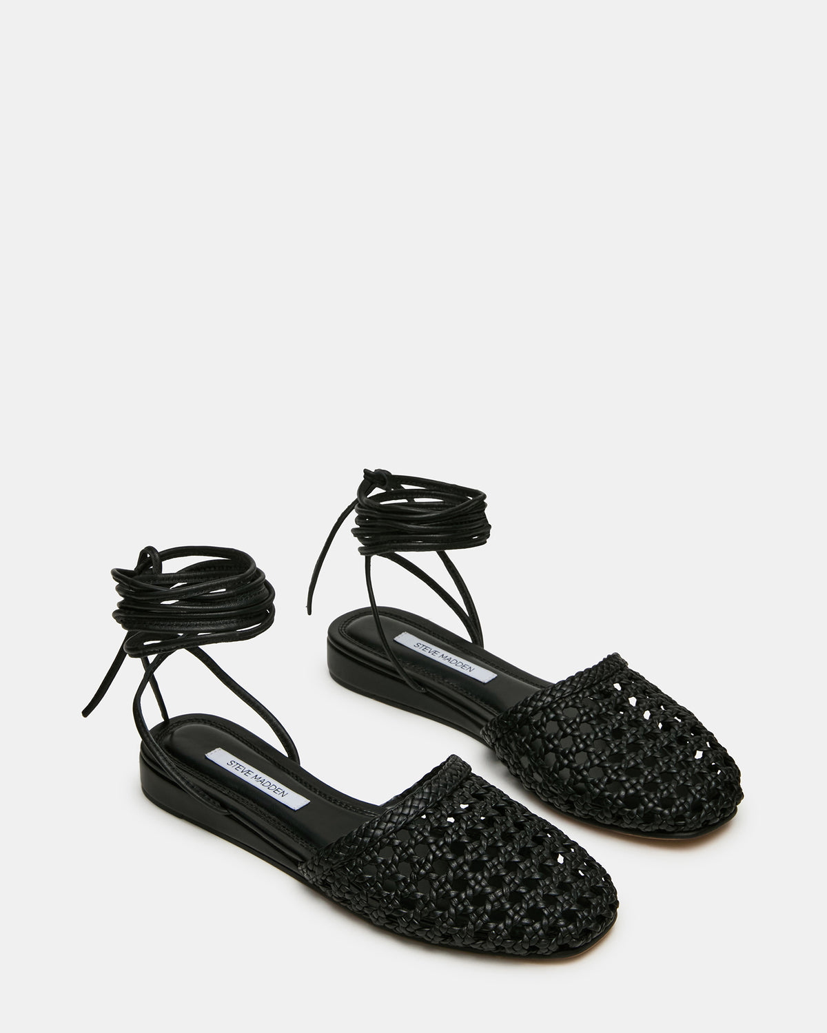 FLUTTER Black Leather Woven Mule Leg-Ties Strappy Women's Flat | Steve Madden Premium