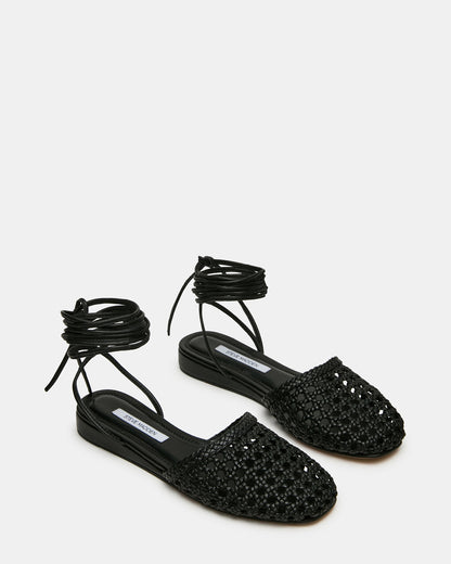 FLUTTER Black Leather Woven Mule Leg-Ties Strappy Women's Flat | Steve Madden Premium