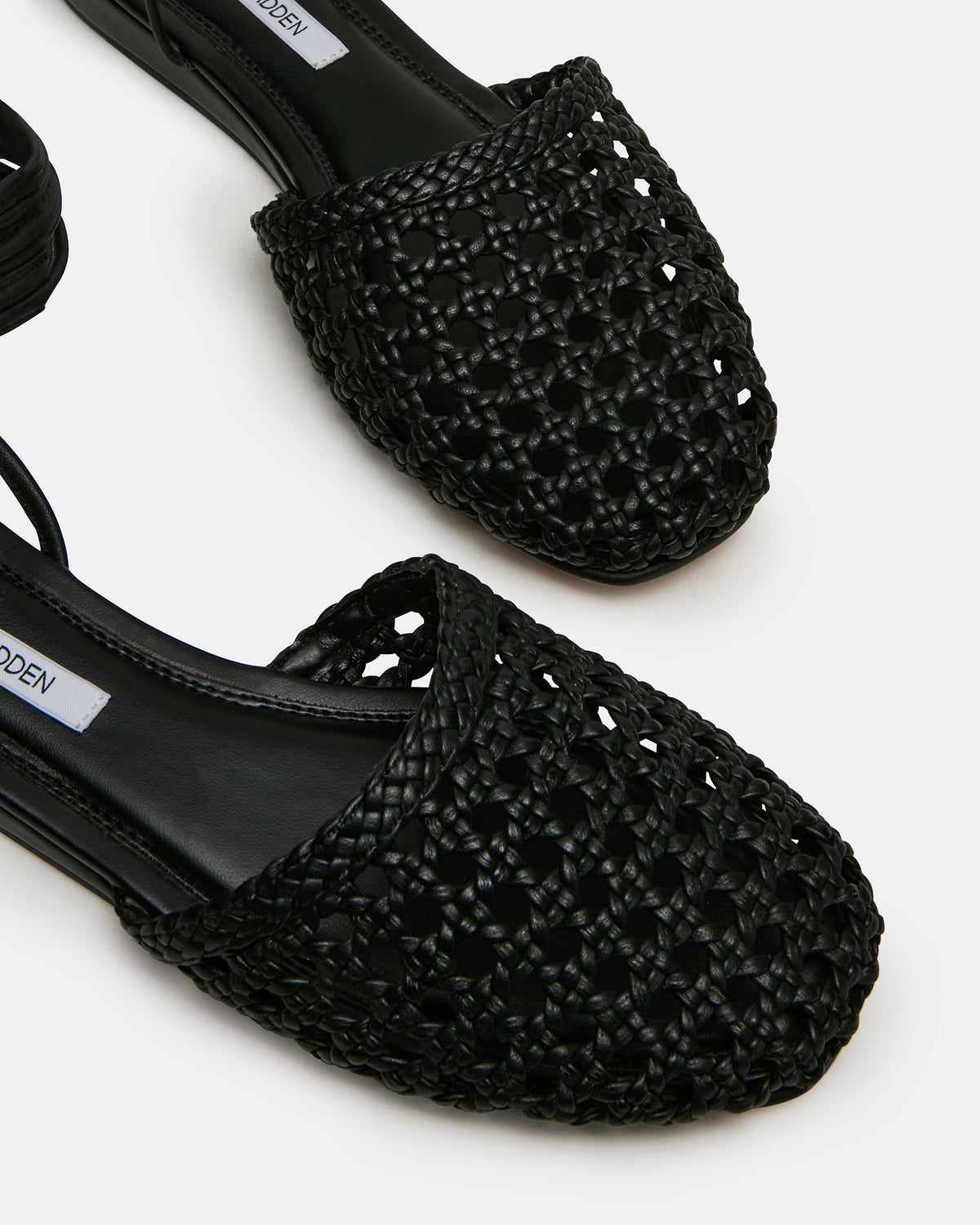 FLUTTER Black Leather Woven Mule Leg-Ties Strappy Women's Flat | Steve Madden Premium