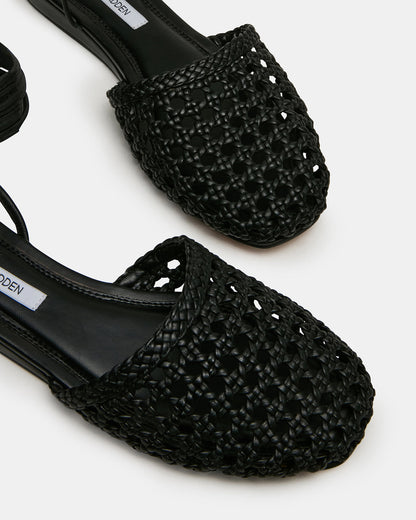 FLUTTER Black Leather Woven Mule Leg-Ties Strappy Women's Flat | Steve Madden Premium