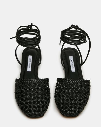 FLUTTER Black Leather Woven Mule Leg-Ties Strappy Women's Flat | Steve Madden Premium