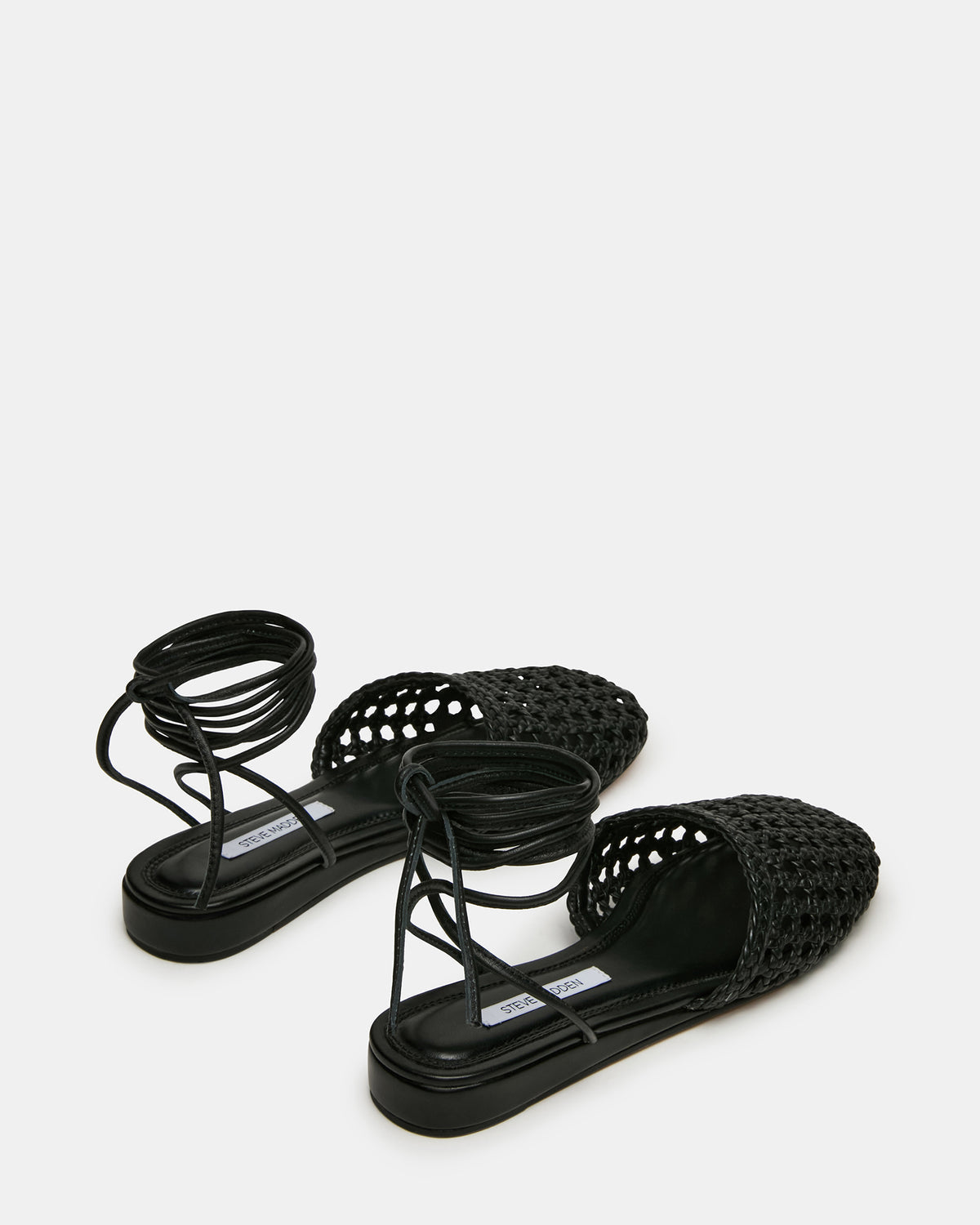 FLUTTER Black Leather Woven Mule Leg-Ties Strappy Women's Flat | Steve Madden Premium
