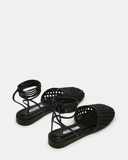 FLUTTER Black Leather Woven Mule Leg-Ties Strappy Women's Flat | Steve Madden Premium