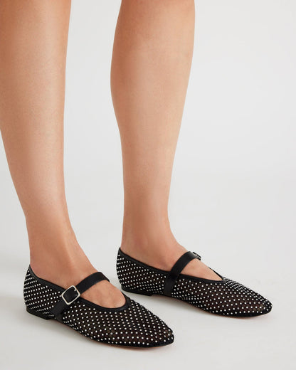 DREAMING Black Mesh Rhinestone Mary Jane | Women's Flats | Steve Madden Everyday