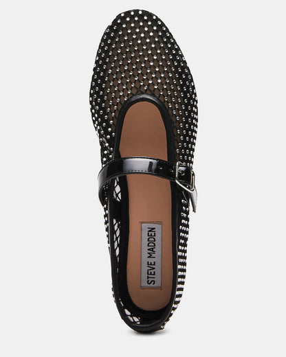 DREAMING Black Mesh Rhinestone Mary Jane | Women's Flats | Steve Madden Everyday