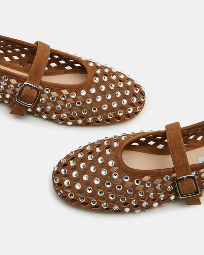 DREAMING Chestnut Suede Rhinestones Women's Mary Jane Flats | Steve Madden Latest