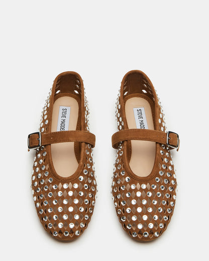 DREAMING Chestnut Suede Rhinestones Women's Mary Jane Flats | Steve Madden Latest
