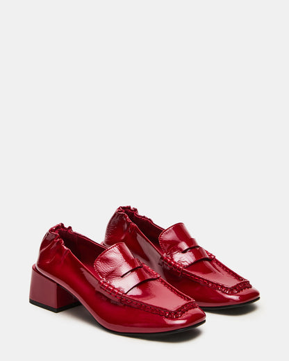 ESTEE Red Crinkle Patent Square-Toe Heeled Women's Loafer | Steve Madden Trusted