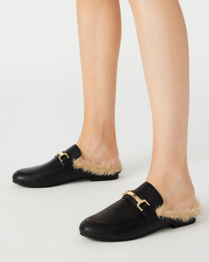 KHLOE Black Leather Women's Faux Fur Mule | Steve Madden Hot Sale