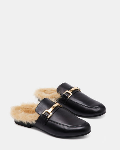 KHLOE Black Leather Women's Faux Fur Mule | Steve Madden Hot Sale