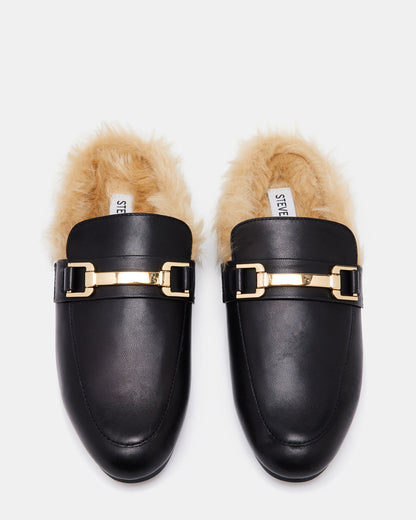 KHLOE Black Leather Women's Faux Fur Mule | Steve Madden Hot Sale