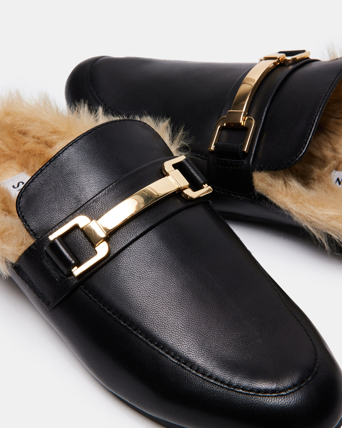 KHLOE Black Leather Women's Faux Fur Mule | Steve Madden Hot Sale