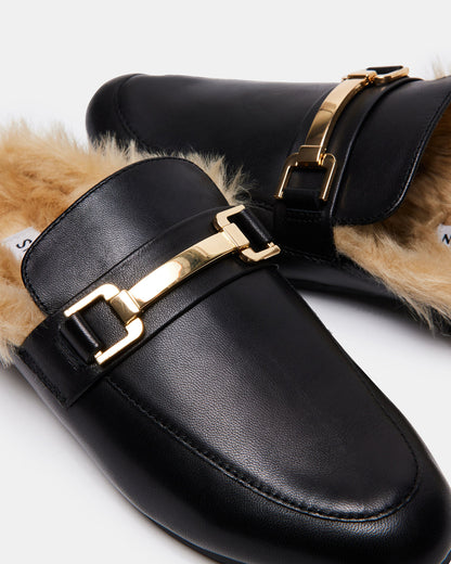 KHLOE Black Leather Women's Faux Fur Mule | Steve Madden Hot Sale