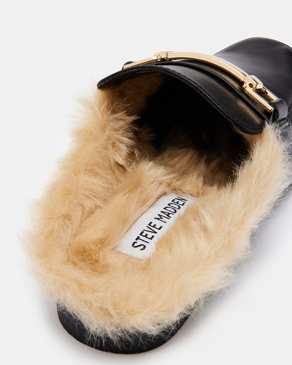 KHLOE Black Leather Women's Faux Fur Mule | Steve Madden Hot Sale