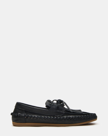 SAMUAL Black Distressed Fringe Boat Women's Loafer | Steve Madden Essential