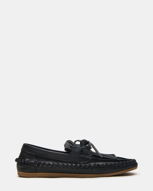 SAMUAL Black Distressed Fringe Boat Women's Loafer | Steve Madden Essential