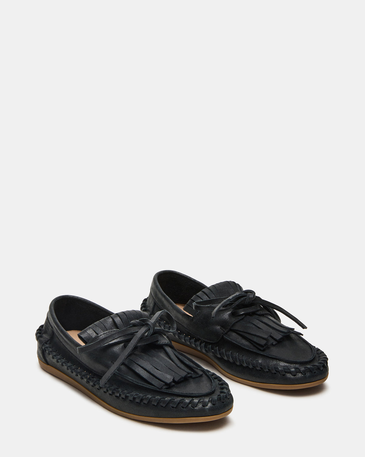 SAMUAL Black Distressed Fringe Boat Women's Loafer | Steve Madden Essential