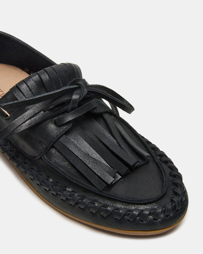 SAMUAL Black Distressed Fringe Boat Women's Loafer | Steve Madden Essential