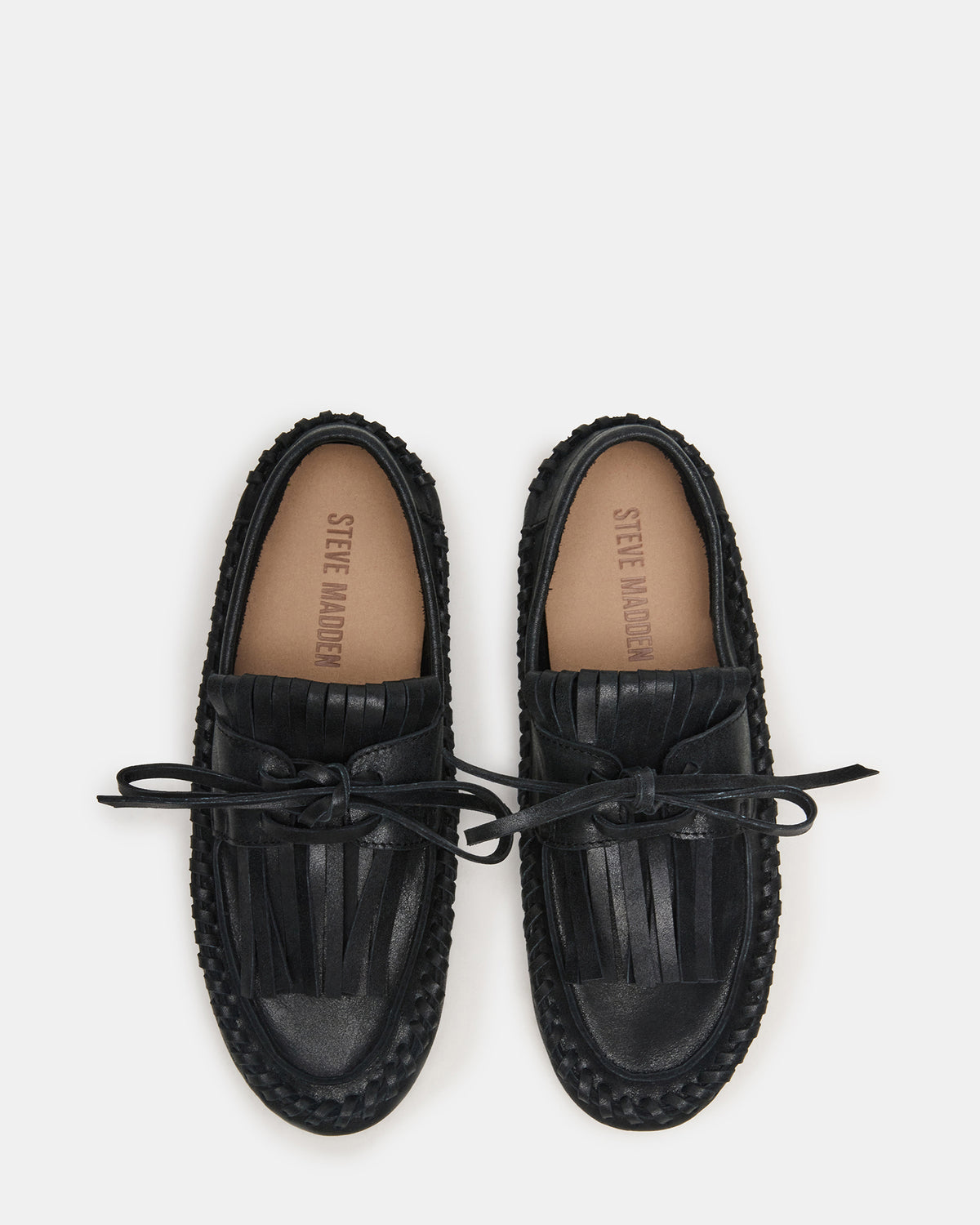 SAMUAL Black Distressed Fringe Boat Women's Loafer | Steve Madden Essential