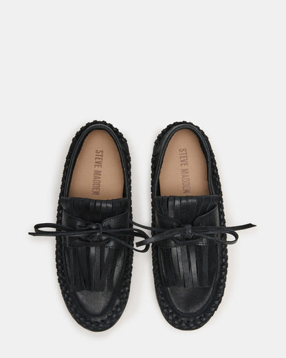 SAMUAL Black Distressed Fringe Boat Women's Loafer | Steve Madden Essential