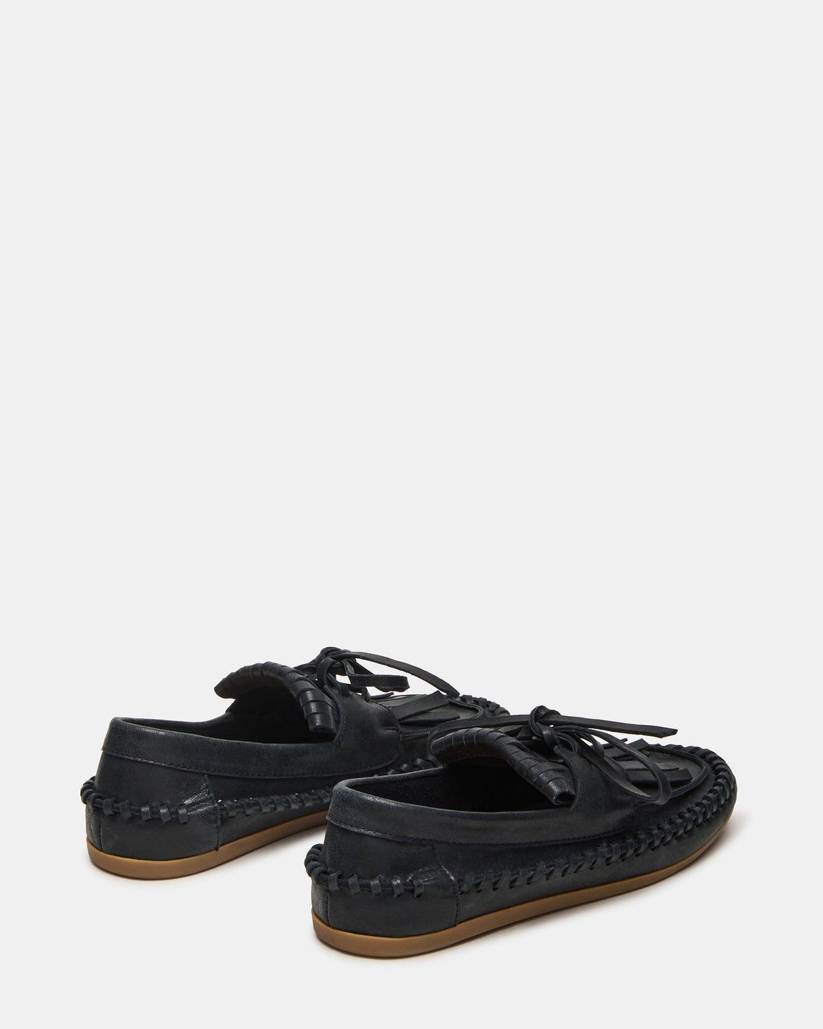 SAMUAL Black Distressed Fringe Boat Women's Loafer | Steve Madden Essential