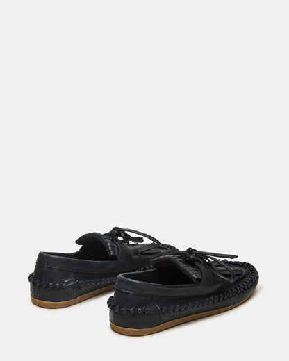 SAMUAL Black Distressed Fringe Boat Women's Loafer | Steve Madden Essential
