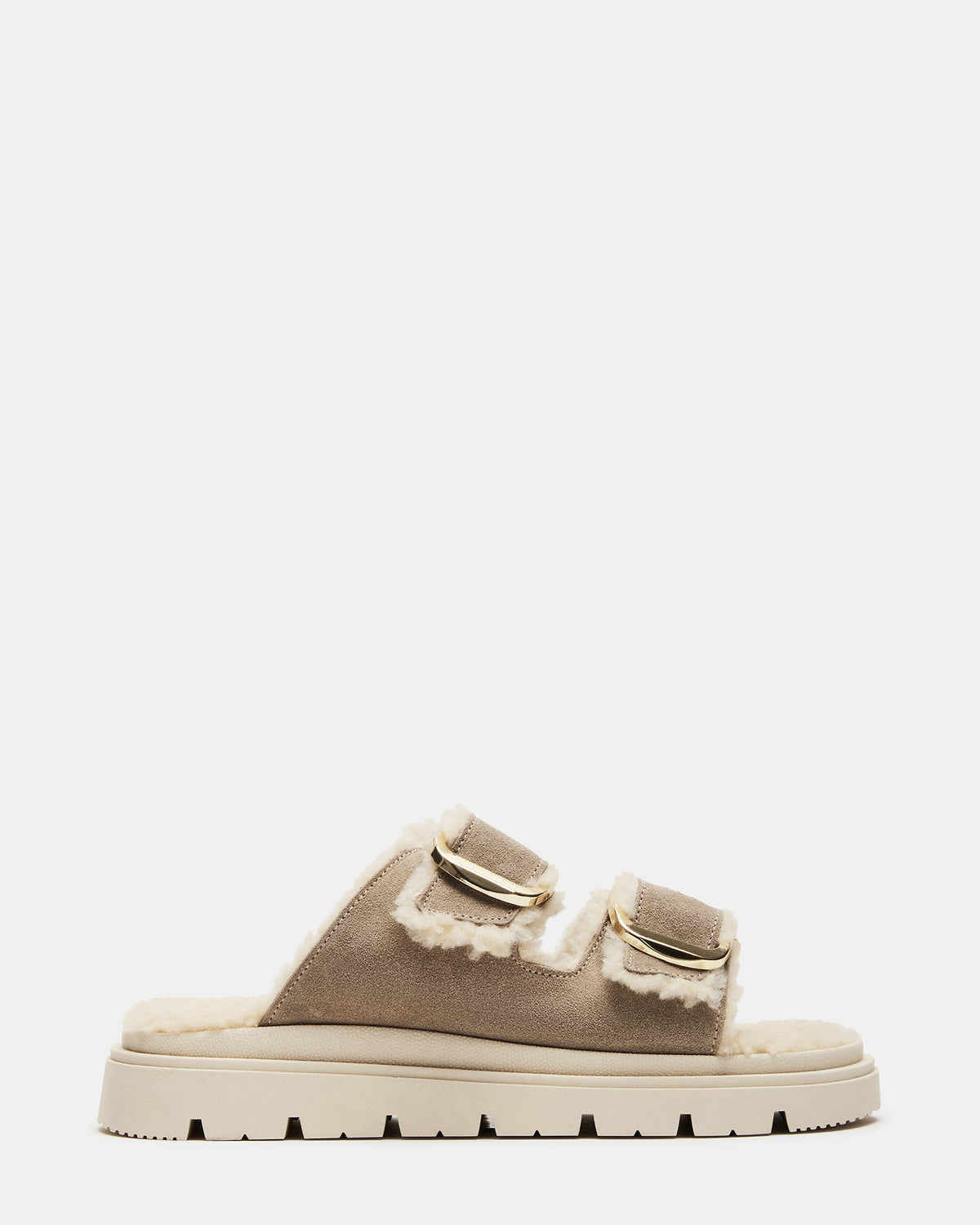 SNUGGLE Sand Suede Faux Fur Slide | Women's Flats | Steve Madden Premium