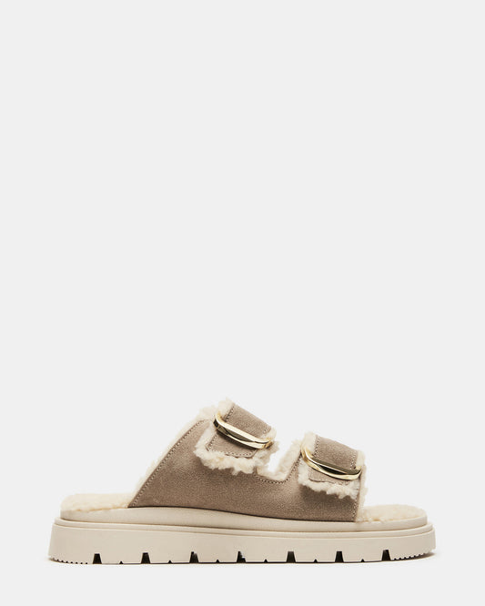 SNUGGLE Sand Suede Faux Fur Slide | Women's Flats | Steve Madden Premium