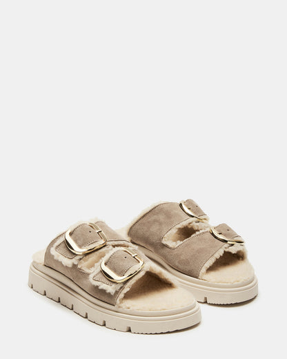 SNUGGLE Sand Suede Faux Fur Slide | Women's Flats | Steve Madden Premium